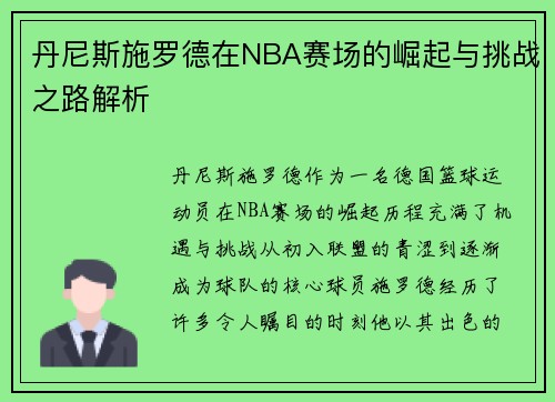 丹尼斯施罗德在NBA赛场的崛起与挑战之路解析