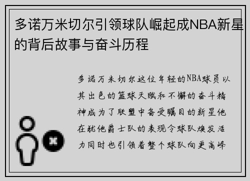 多诺万米切尔引领球队崛起成NBA新星的背后故事与奋斗历程