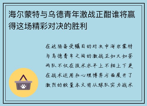 海尔蒙特与乌德青年激战正酣谁将赢得这场精彩对决的胜利